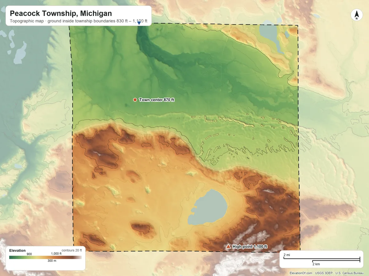 Topographic elevation map of Peacock Township, Michigan, shaded from 830 ft on the north side to 1,100 ft on the southeast side