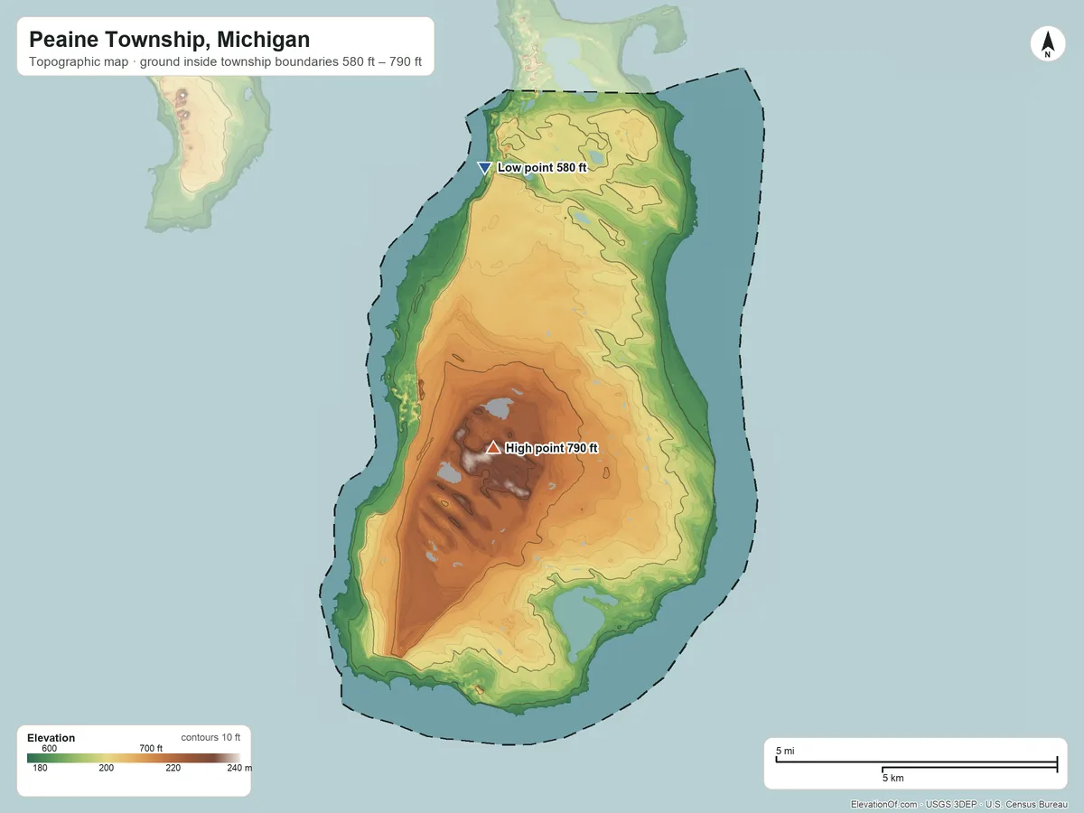 Topographic elevation map of Peaine Township, Michigan, shaded from 580 ft on the northwest side to 790 ft on the southwest side