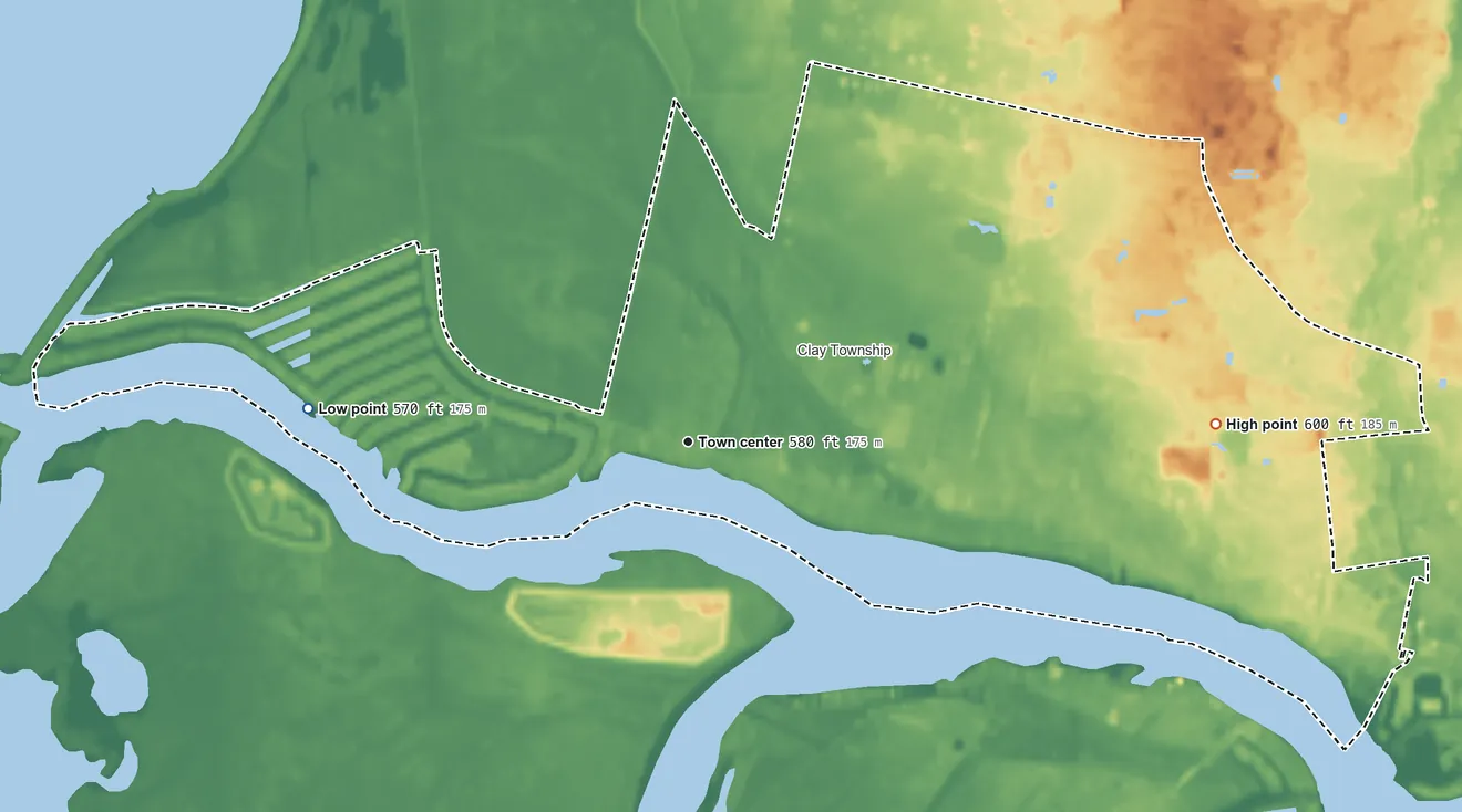 Topographic elevation map of Pearl Beach, Michigan, shaded from 570 ft on the west side to 600 ft on the east side