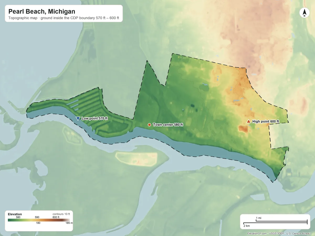 Topographic elevation map of Pearl Beach, Michigan, shaded from 570 ft on the west side to 600 ft on the east side