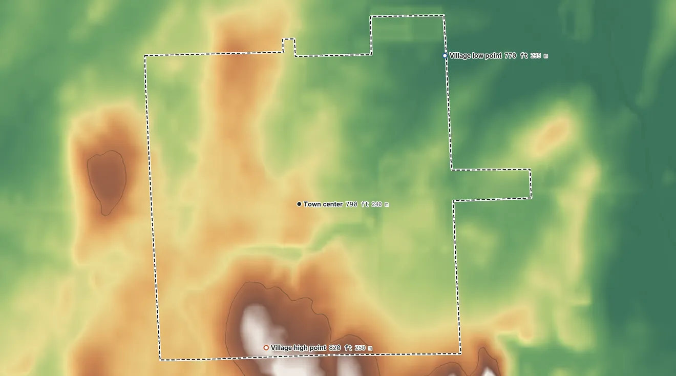 Topographic elevation map of Peck, Michigan, shaded from 770 ft on the northeast side to 820 ft on the south side