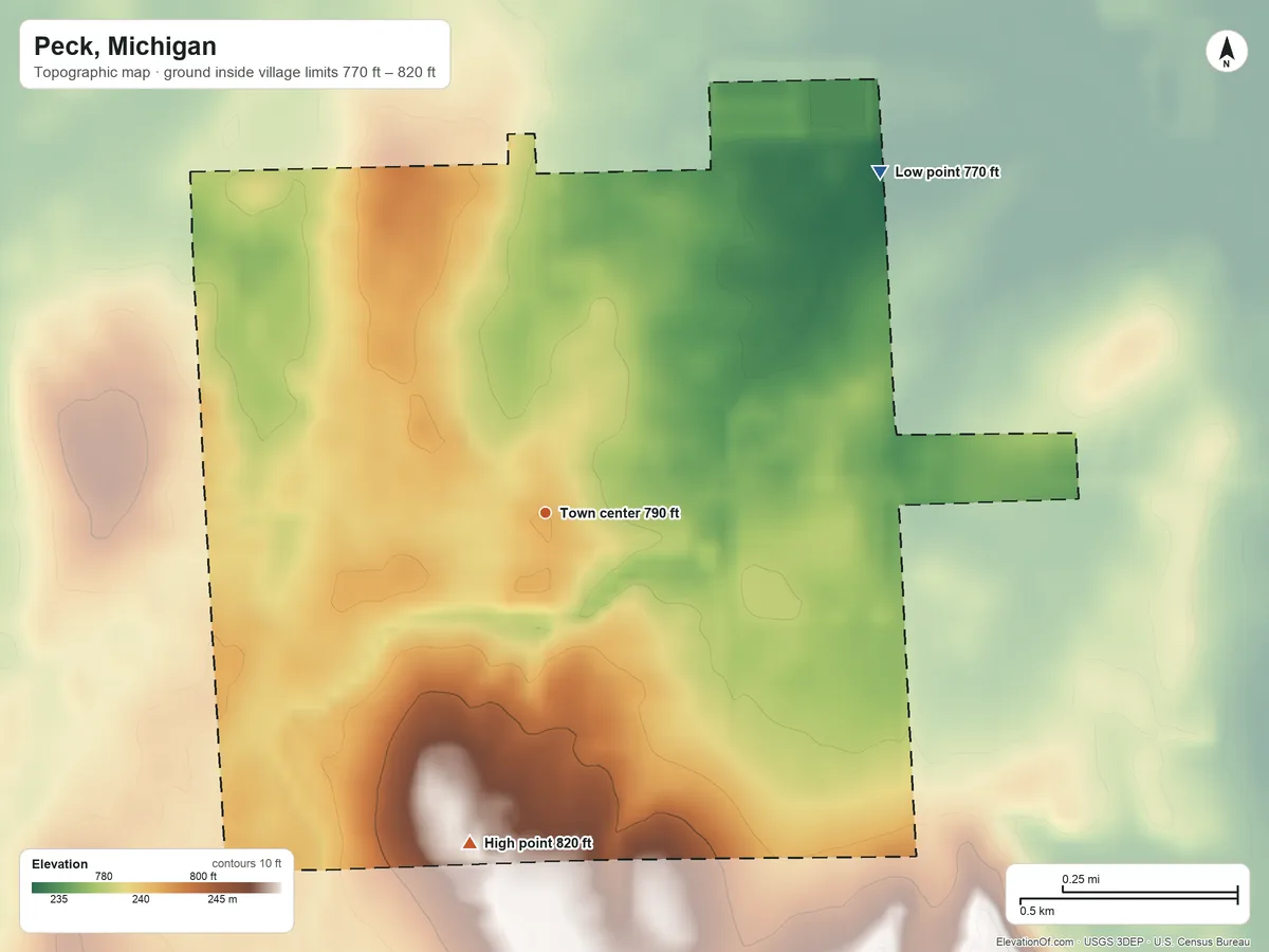Topographic elevation map of Peck, Michigan, shaded from 770 ft on the northeast side to 820 ft on the south side