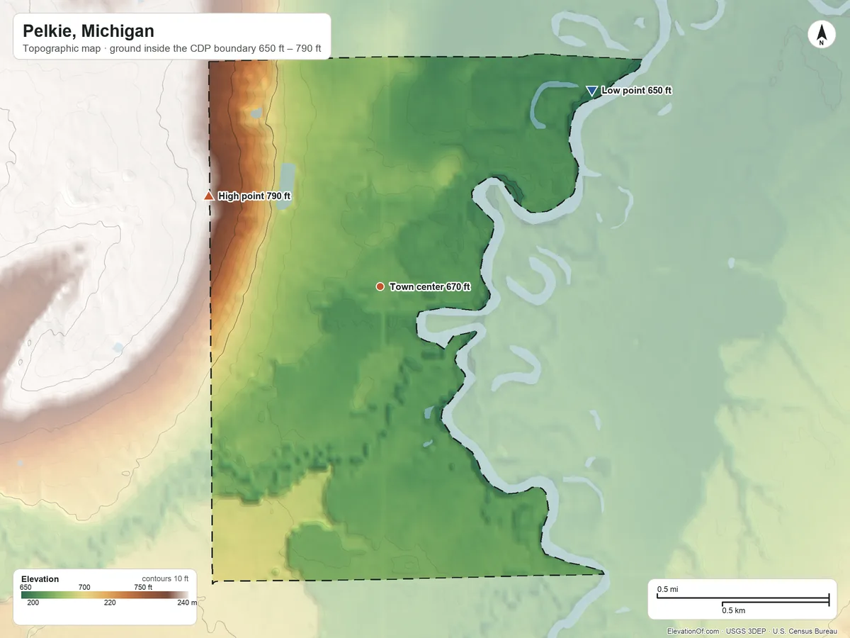 Topographic elevation map of Pelkie, Michigan, shaded from 650 ft on the northeast side to 790 ft on the northwest side