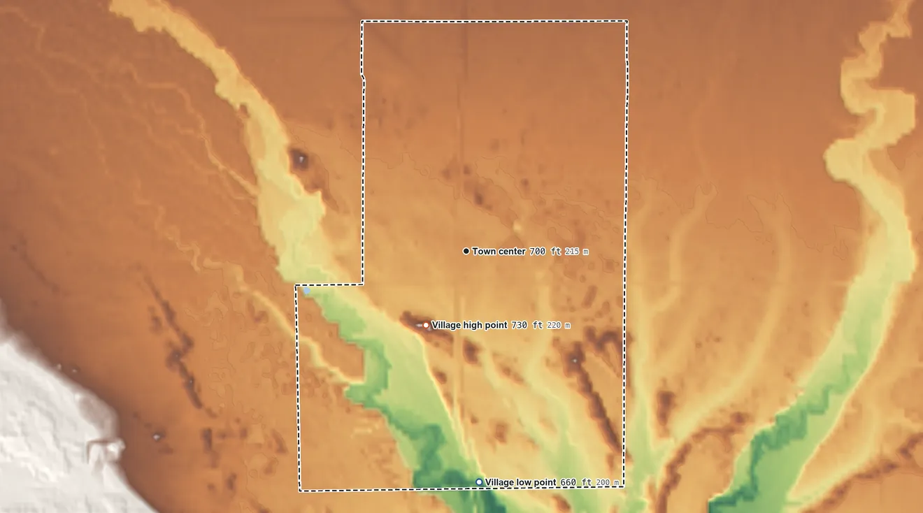 Topographic elevation map of Pellston, Michigan, shaded from 660 ft on the south side to 730 ft on the southwest side