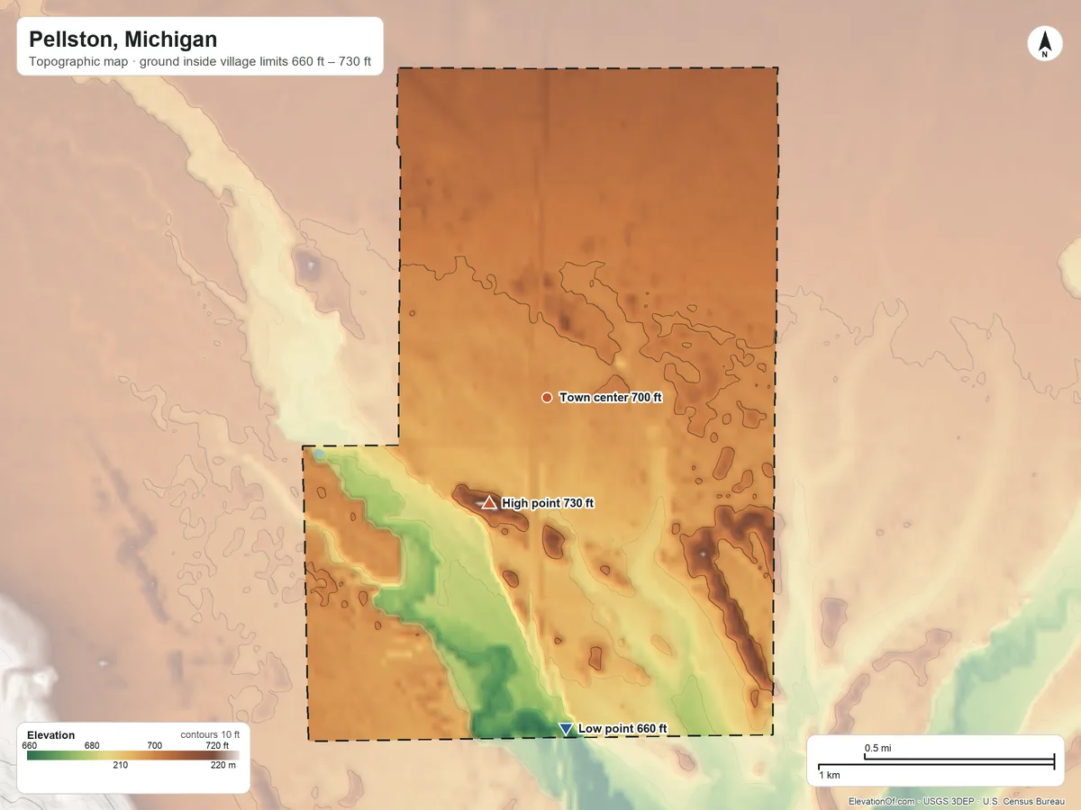 Topographic elevation map of Pellston, Michigan, shaded from 660 ft on the south side to 730 ft on the southwest side