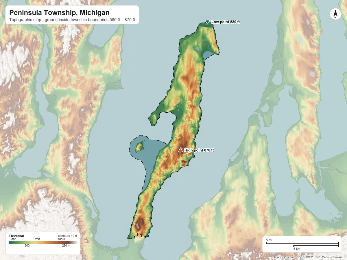 Topographic elevation map of Peninsula Township, Michigan, shaded from 580 ft on the north side to 870 ft near the middle