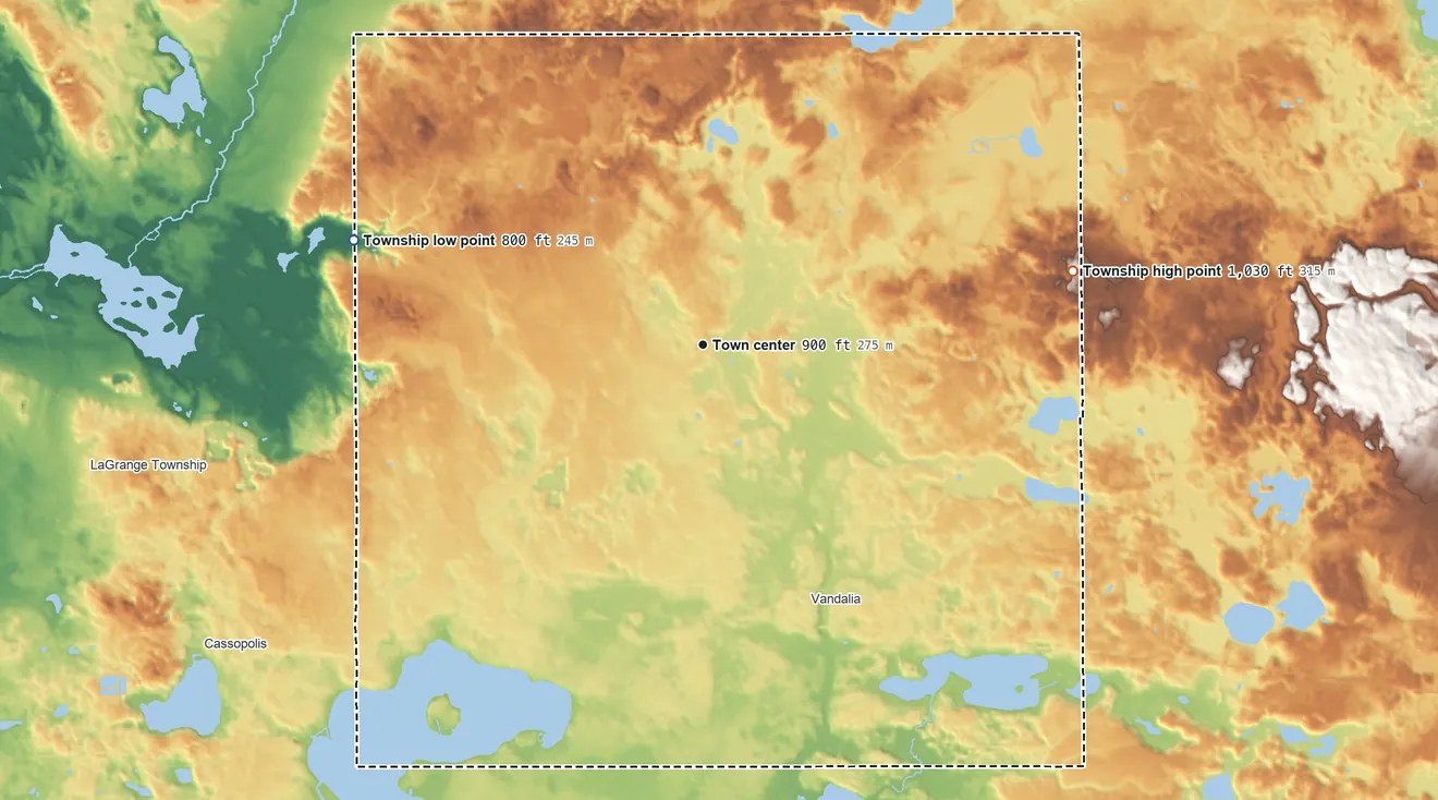 Topographic elevation map of Penn Township, Michigan, shaded from 800 ft on the west side to 1,030 ft on the east side