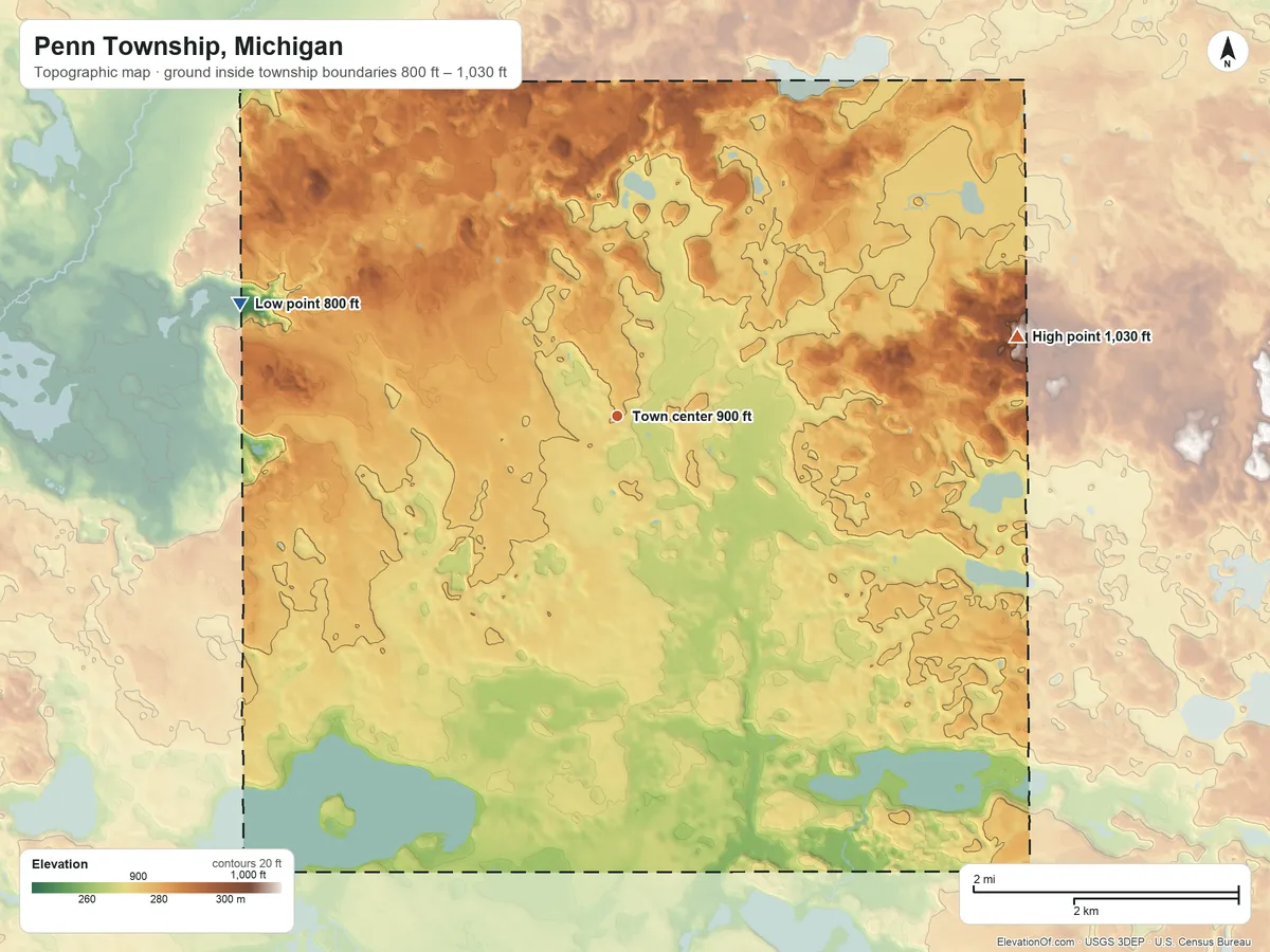 Topographic elevation map of Penn Township, Michigan, shaded from 800 ft on the west side to 1,030 ft on the east side