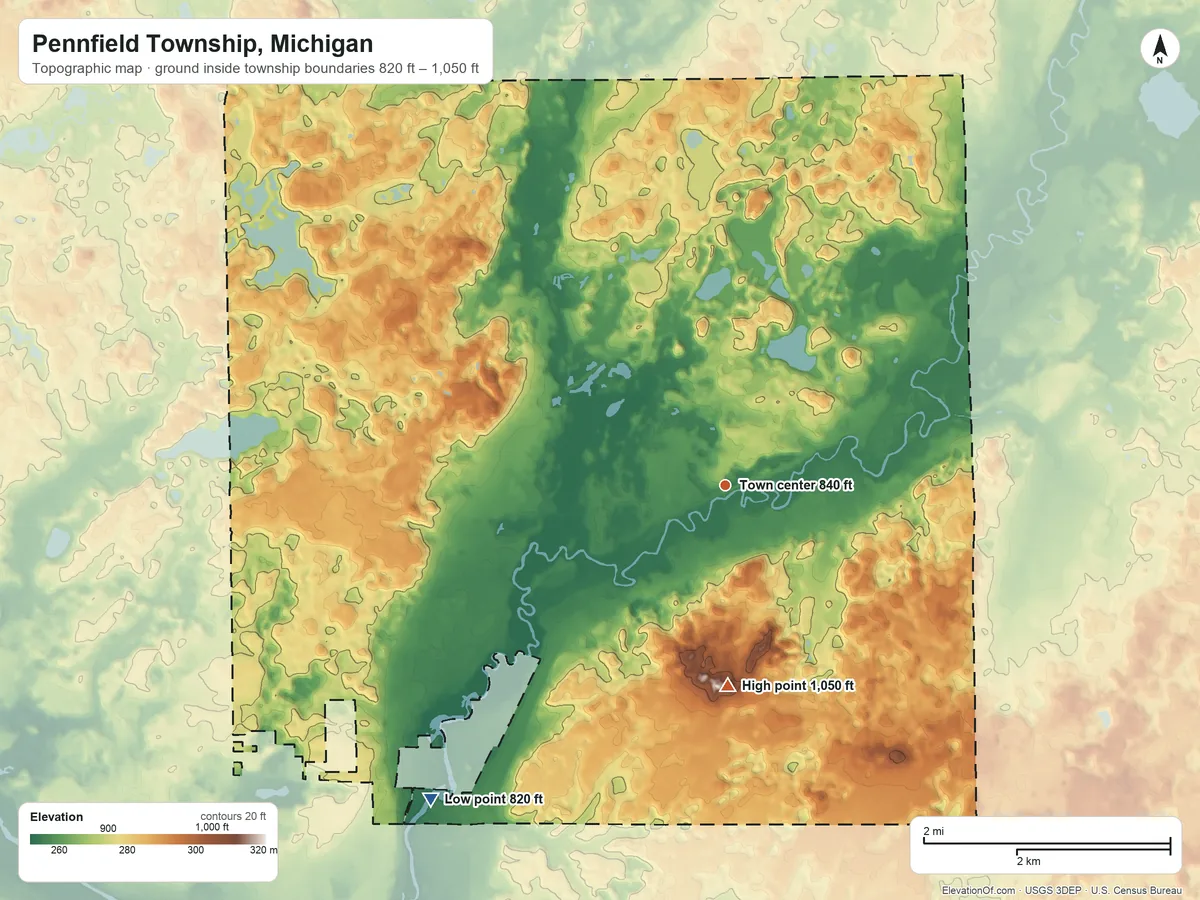 Topographic elevation map of Pennfield Township, Michigan, shaded from 820 ft on the southwest side to 1,050 ft on the south side