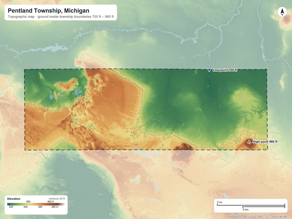 Topographic elevation map of Pentland Township, Michigan, shaded from 700 ft on the east side to 960 ft on the east side