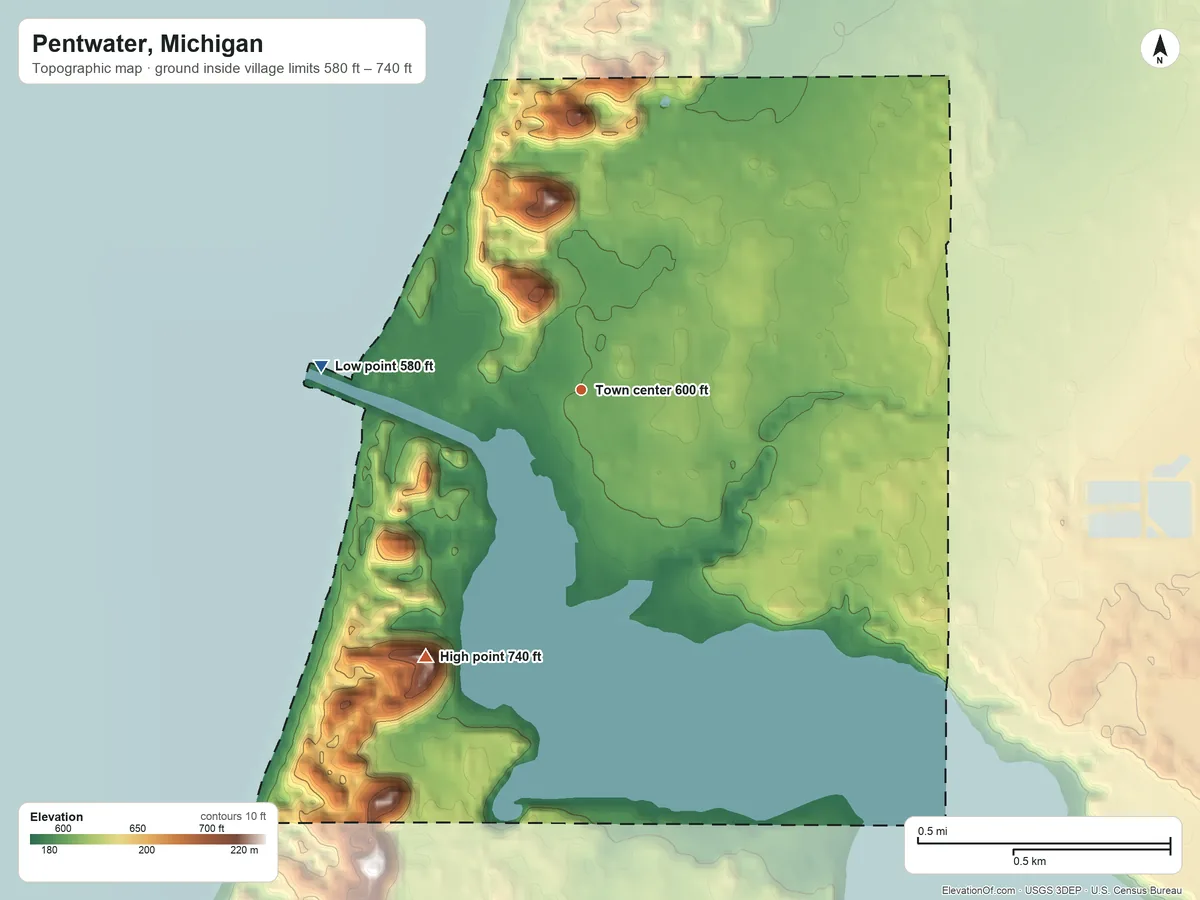 Topographic elevation map of Pentwater, Michigan, shaded from 580 ft on the west side to 740 ft on the southwest side