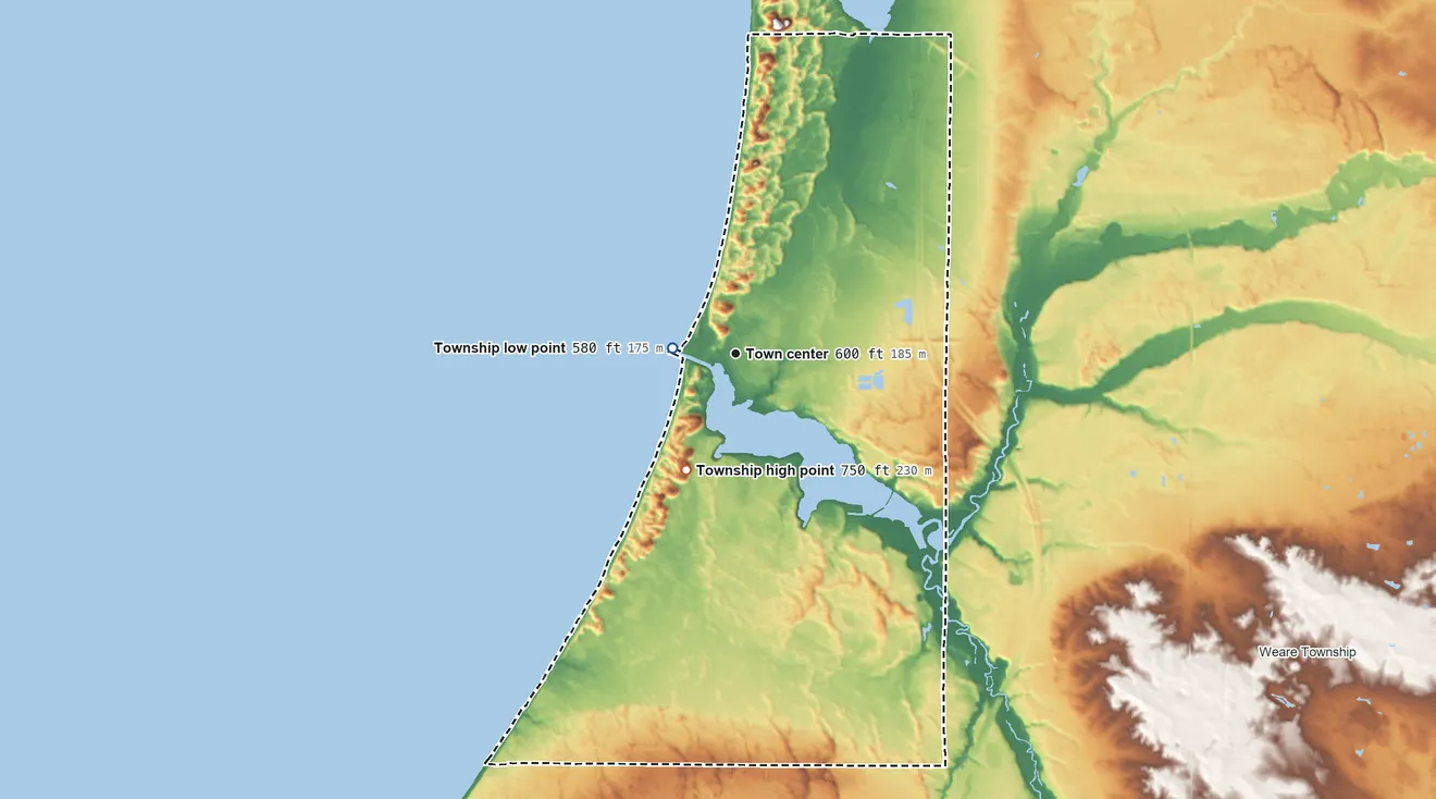 Topographic elevation map of Pentwater Township, Michigan, shaded from 580 ft near the middle to 750 ft on the southwest side