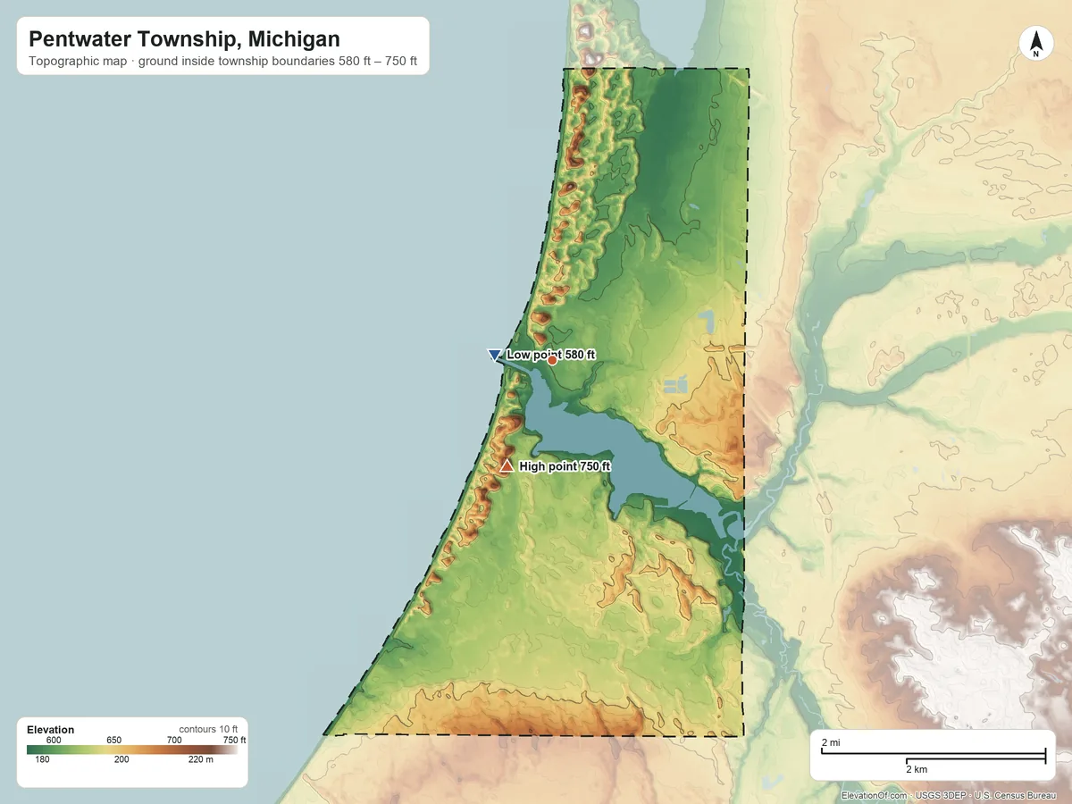 Topographic elevation map of Pentwater Township, Michigan, shaded from 580 ft near the middle to 750 ft on the southwest side