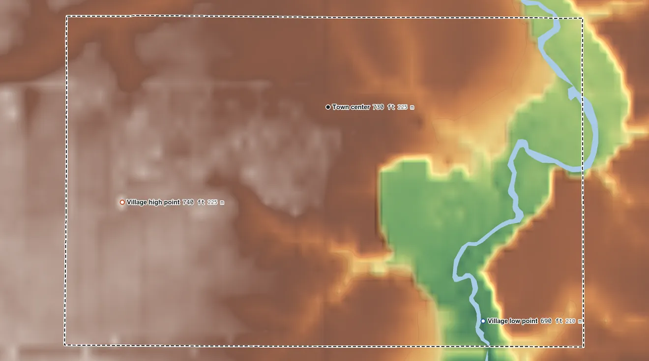 Topographic elevation map of Perrinton, Michigan, shaded from 690 ft on the southeast side to 740 ft on the southwest side