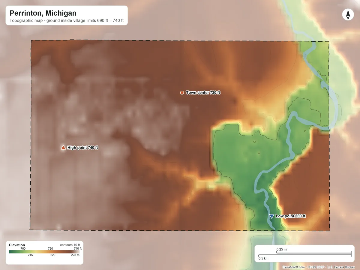 Topographic elevation map of Perrinton, Michigan, shaded from 690 ft on the southeast side to 740 ft on the southwest side