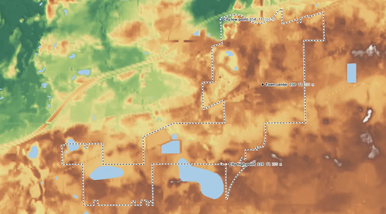 Topographic elevation map of Perry, Michigan, shaded from 850 ft on the northwest side to 910 ft on the southwest side