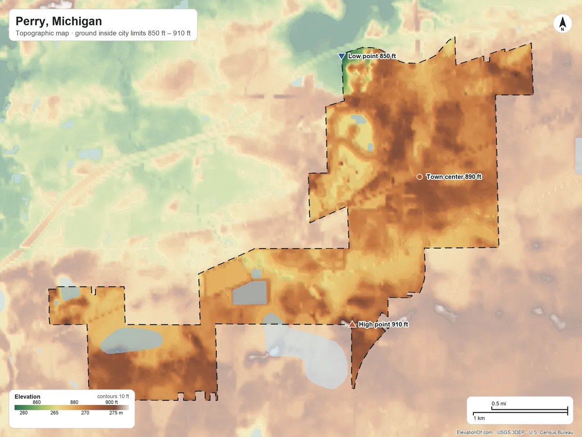 Topographic elevation map of Perry, Michigan, shaded from 850 ft on the northwest side to 910 ft on the southwest side