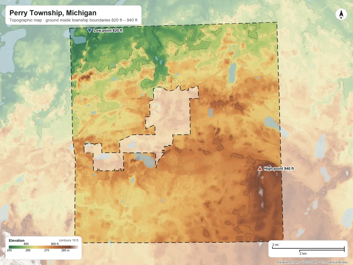 Topographic elevation map of Perry Township, Michigan, shaded from 820 ft on the northwest side to 940 ft on the east side
