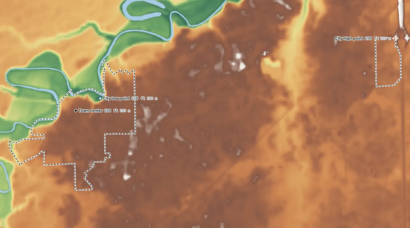 Topographic elevation map of Petersburg, Michigan, shaded from 650 ft near the middle to 690 ft on the east side