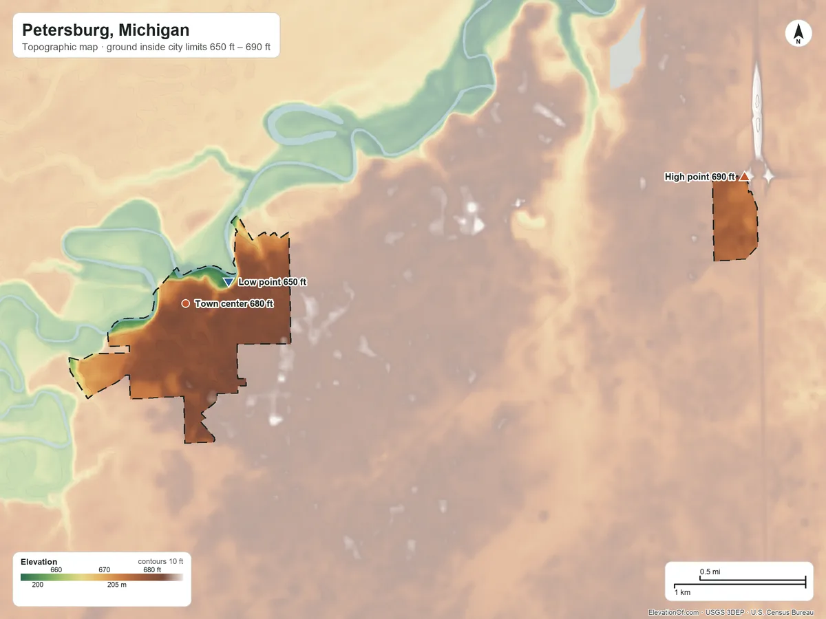 Topographic elevation map of Petersburg, Michigan, shaded from 650 ft near the middle to 690 ft on the east side