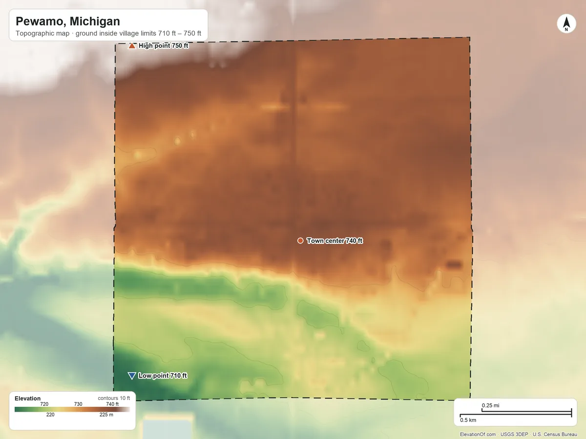 Topographic elevation map of Pewamo, Michigan, shaded from 710 ft on the southwest side to 750 ft on the northwest side
