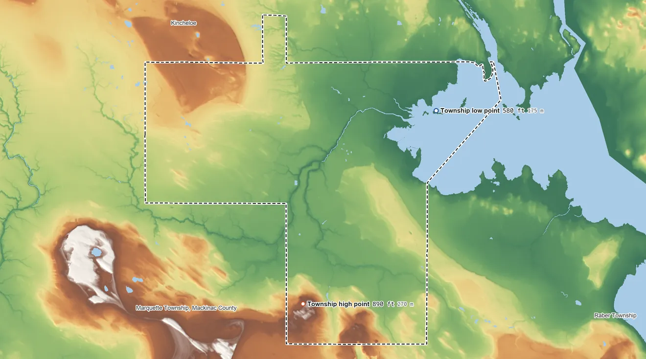 Topographic elevation map of Pickford Township, Michigan, shaded from 580 ft on the east side to 890 ft on the south side