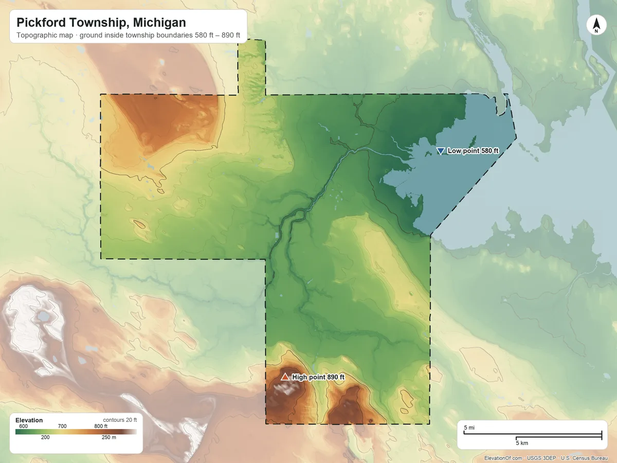 Topographic elevation map of Pickford Township, Michigan, shaded from 580 ft on the east side to 890 ft on the south side