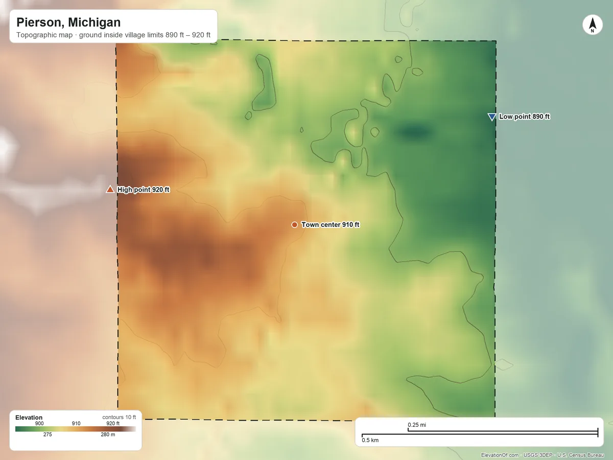 Topographic elevation map of Pierson, Michigan, shaded from 890 ft on the northeast side to 920 ft on the west side