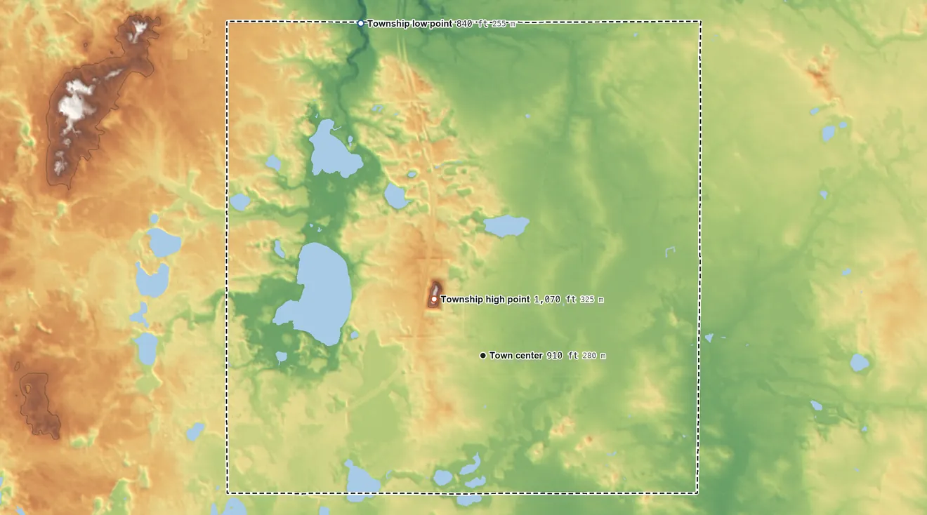 Topographic elevation map of Pierson Township, Michigan, shaded from 840 ft on the north side to 1,070 ft on the northwest side