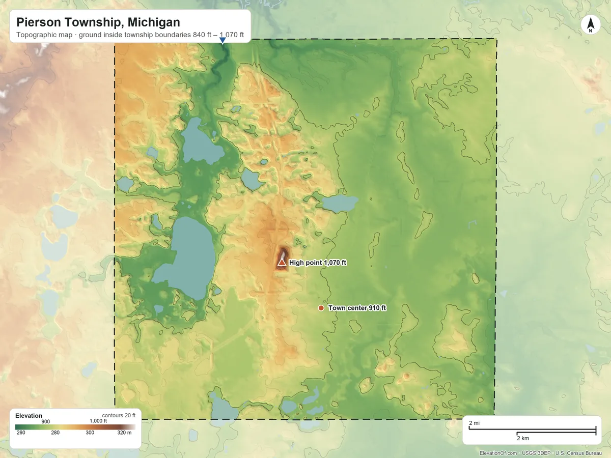 Topographic elevation map of Pierson Township, Michigan, shaded from 840 ft on the north side to 1,070 ft on the northwest side
