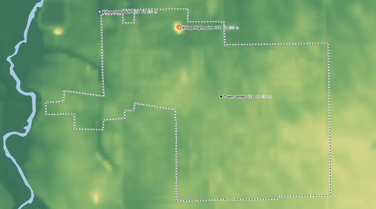 Topographic elevation map of Pigeon, Michigan, shaded from 620 ft on the northwest side to 640 ft on the northwest side