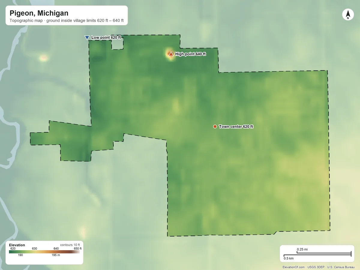 Topographic elevation map of Pigeon, Michigan, shaded from 620 ft on the northwest side to 640 ft on the northwest side