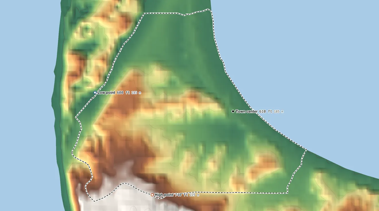 Topographic elevation map of Pilgrim, Michigan, shaded from 600 ft on the west side to 740 ft on the southwest side