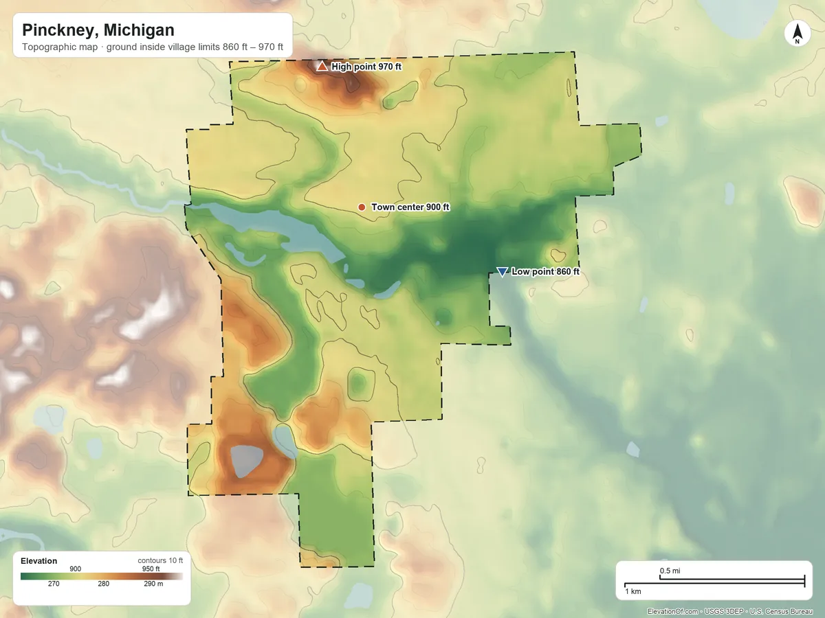 Topographic elevation map of Pinckney, Michigan, shaded from 860 ft on the southeast side to 970 ft on the north side