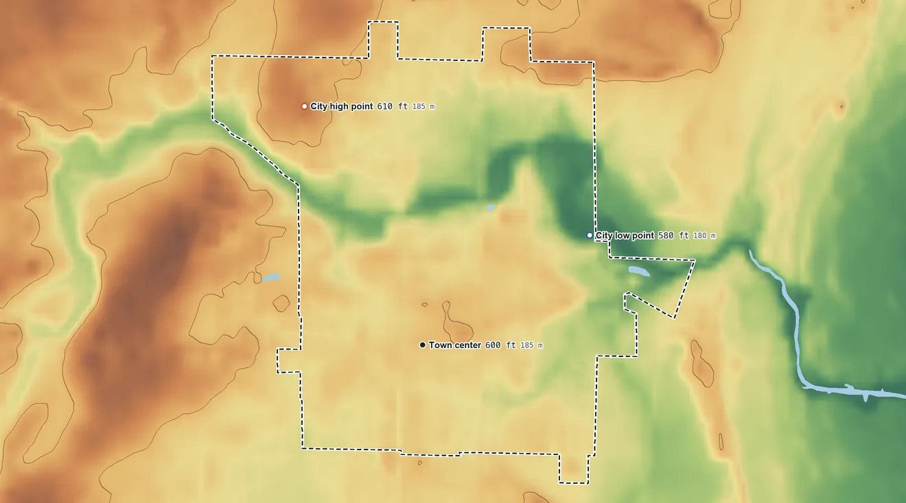 Topographic elevation map of Pinconning, Michigan, shaded from 580 ft on the northeast side to 610 ft on the northwest side