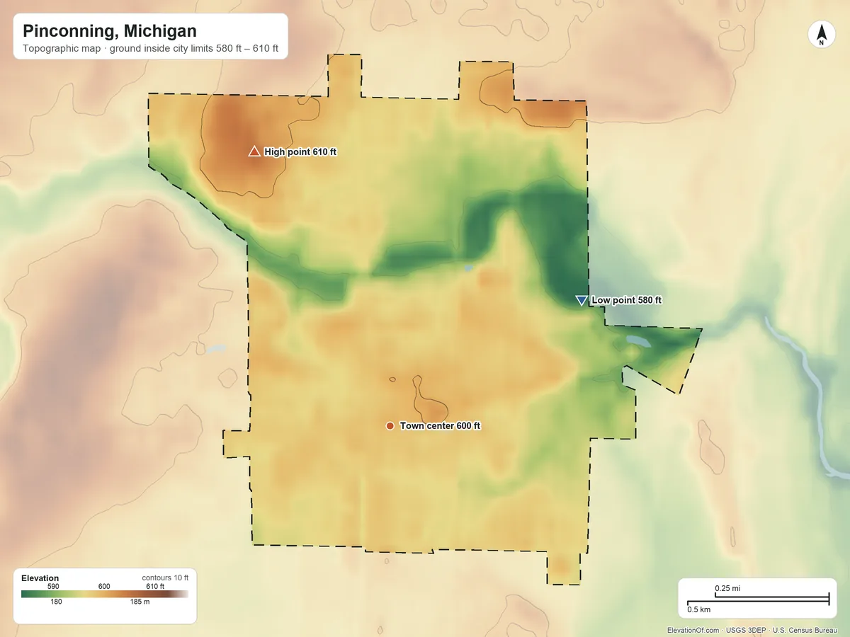 Topographic elevation map of Pinconning, Michigan, shaded from 580 ft on the northeast side to 610 ft on the northwest side