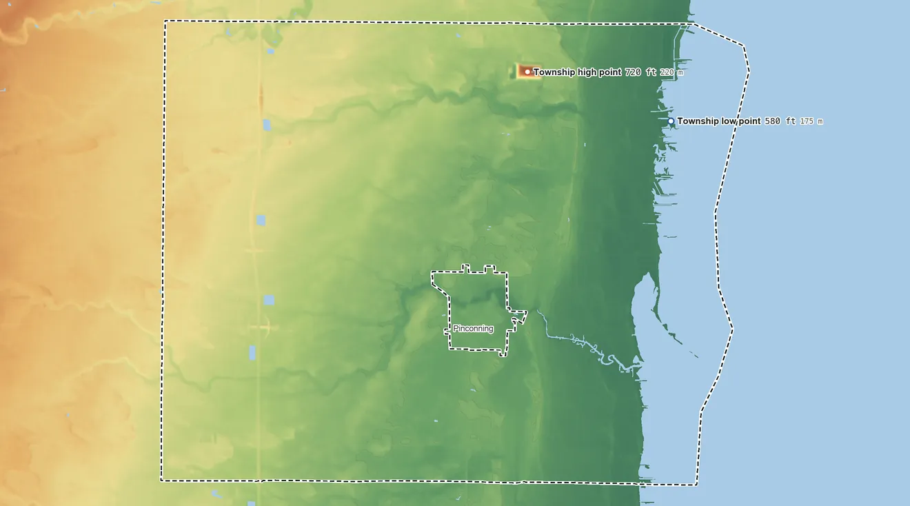 Topographic elevation map of Pinconning Township, Michigan, shaded from 580 ft on the northeast side to 720 ft on the north side