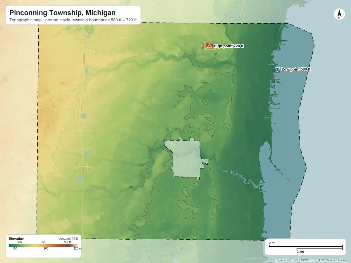 Topographic elevation map of Pinconning Township, Michigan, shaded from 580 ft on the northeast side to 720 ft on the north side