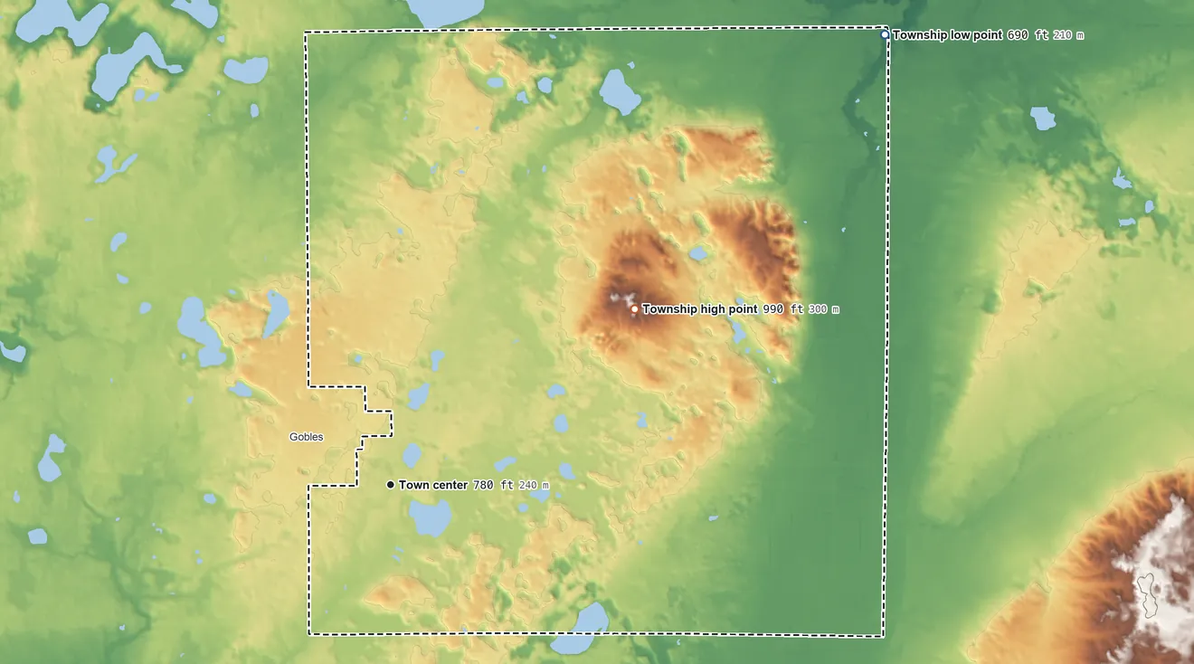 Topographic elevation map of Pine Grove Township, Michigan, shaded from 690 ft on the northeast side to 990 ft on the northeast side