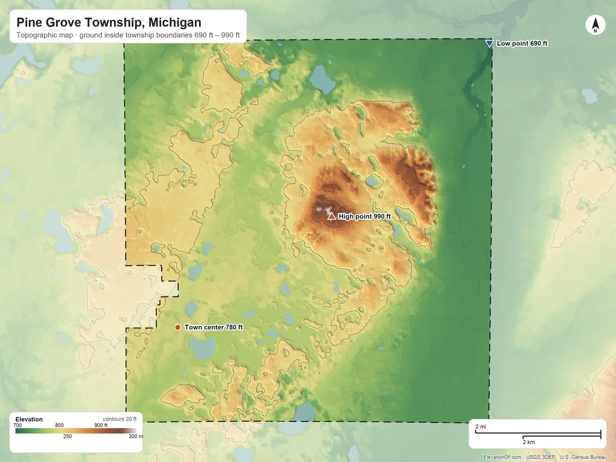 Topographic elevation map of Pine Grove Township, Michigan, shaded from 690 ft on the northeast side to 990 ft on the northeast side