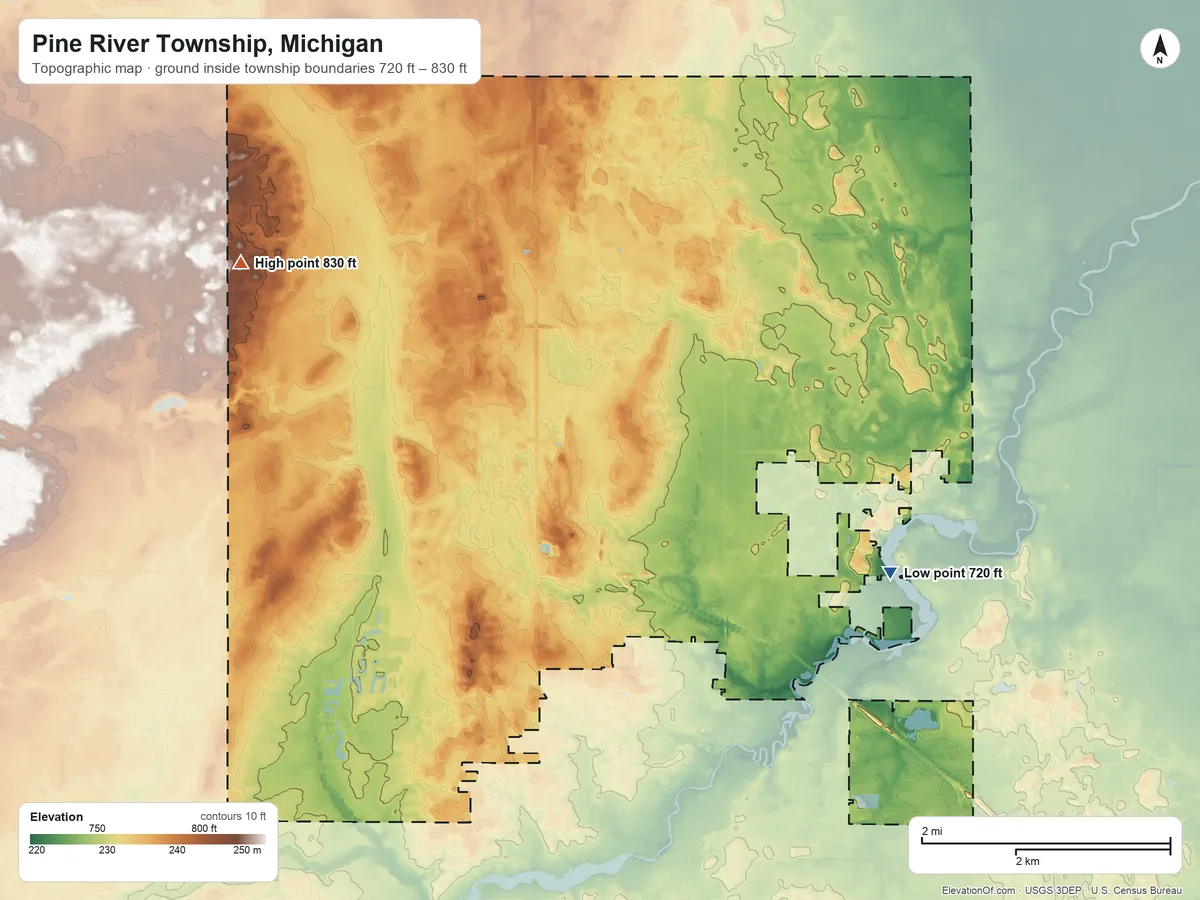 Topographic elevation map of Pine River Township, Michigan, shaded from 720 ft on the east side to 830 ft on the northwest side