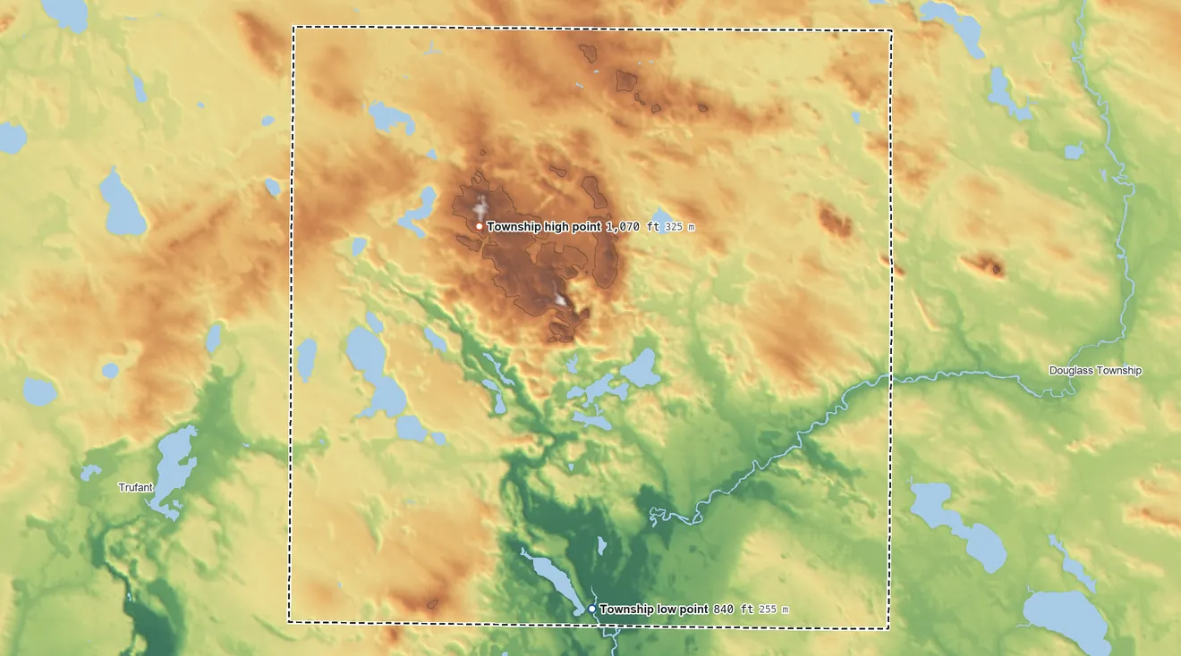 Topographic elevation map of Pine Township, Michigan, shaded from 840 ft on the south side to 1,070 ft on the northwest side