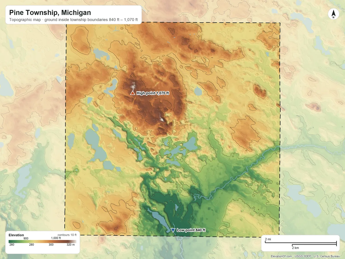 Topographic elevation map of Pine Township, Michigan, shaded from 840 ft on the south side to 1,070 ft on the northwest side