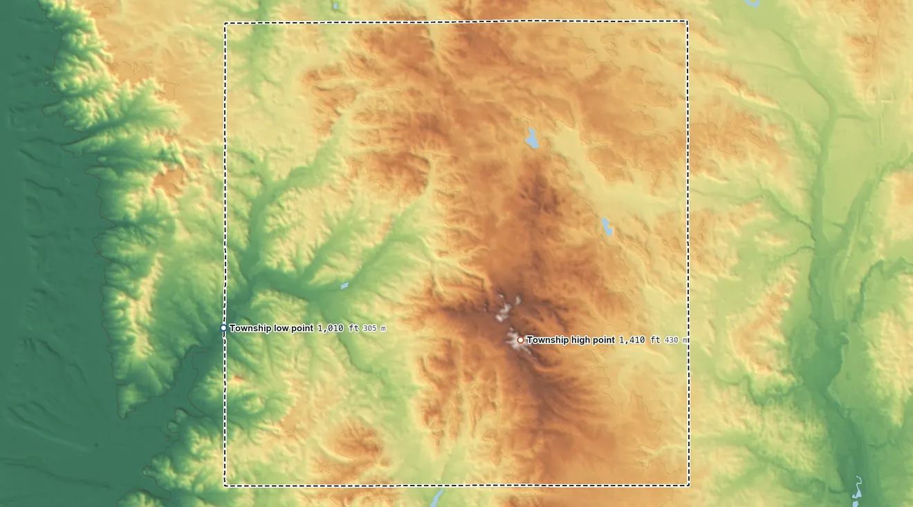Topographic elevation map of Pinora Township, Michigan, shaded from 1,010 ft on the west side to 1,410 ft on the south side