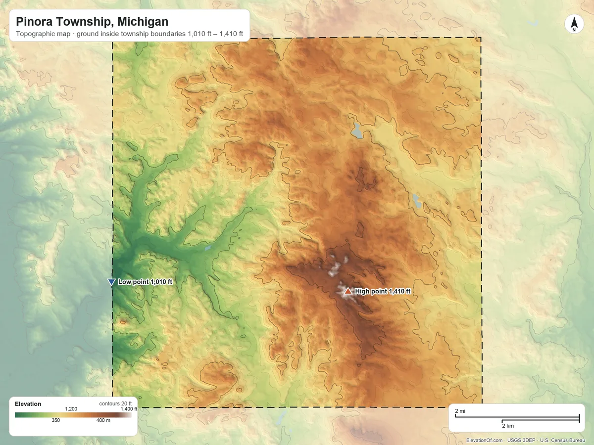 Topographic elevation map of Pinora Township, Michigan, shaded from 1,010 ft on the west side to 1,410 ft on the south side