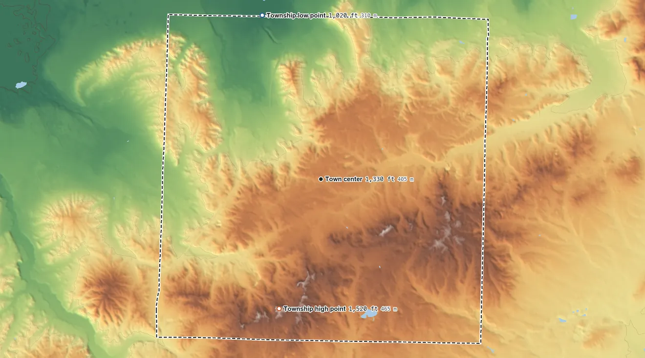 Topographic elevation map of Pioneer Township, Michigan, shaded from 1,020 ft on the north side to 1,520 ft on the south side