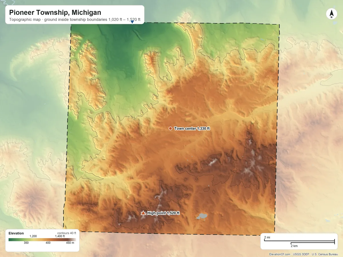 Topographic elevation map of Pioneer Township, Michigan, shaded from 1,020 ft on the north side to 1,520 ft on the south side