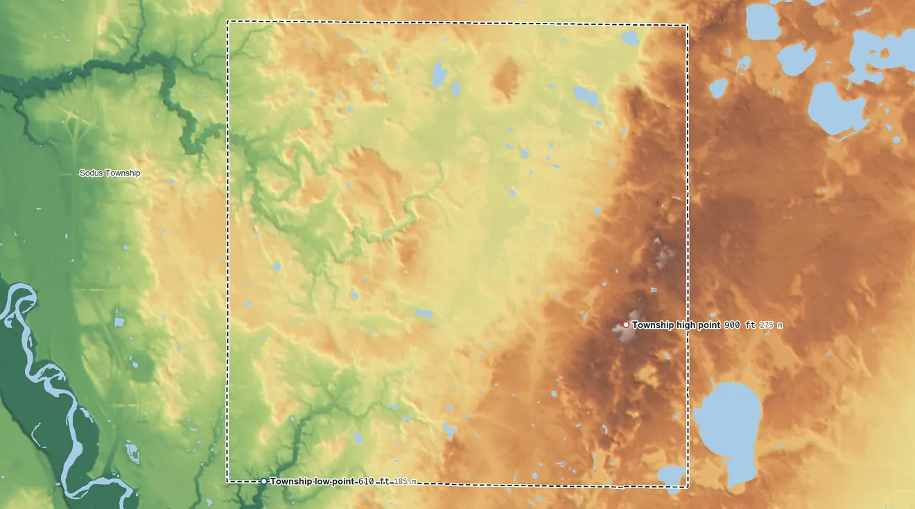 Topographic elevation map of Pipestone Township, Michigan, shaded from 610 ft on the southwest side to 900 ft on the east side