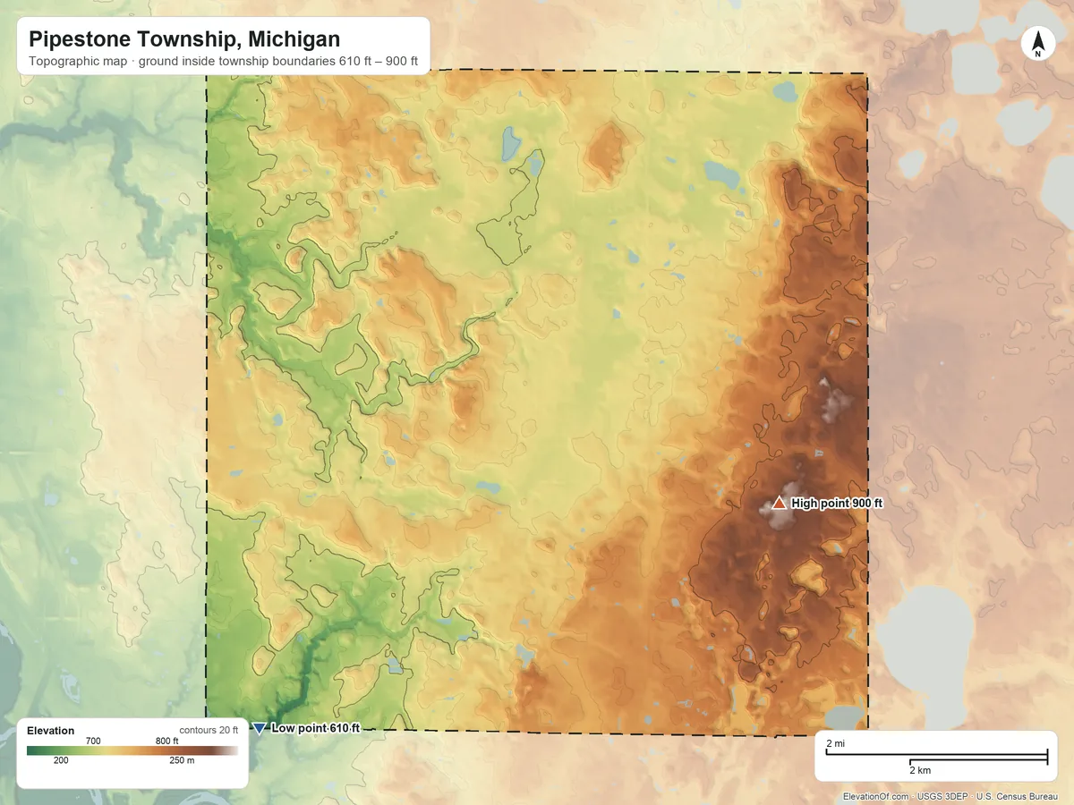 Topographic elevation map of Pipestone Township, Michigan, shaded from 610 ft on the southwest side to 900 ft on the east side