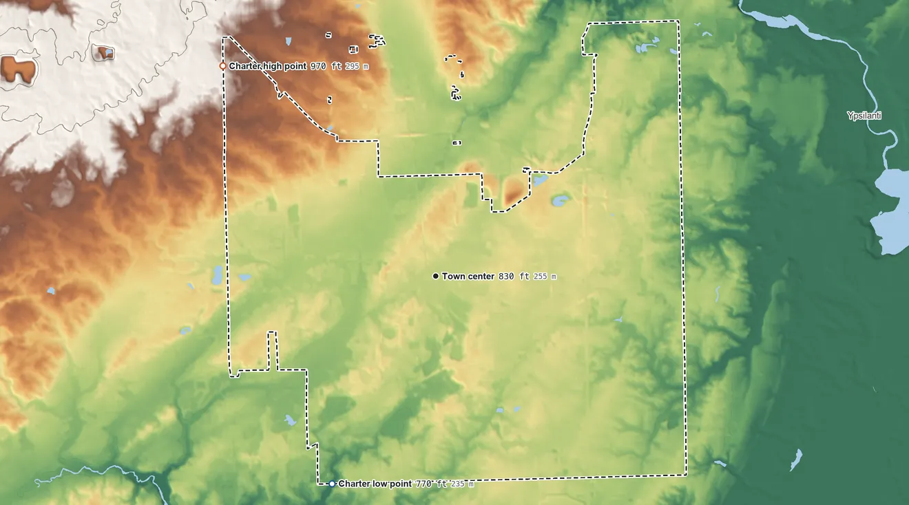 Topographic elevation map of Pittsfield Township, Michigan, shaded from 770 ft on the southwest side to 970 ft on the northwest side